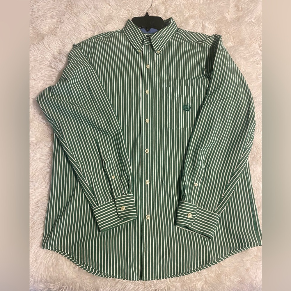 Chaps- Kelly green, striped, button down, dress shirt. M